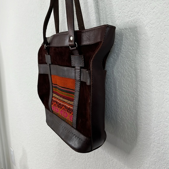 Bolivian Suede Leather Stamped Tapestry Bucket Shoulder Tote Bag - Picture 5 of 9